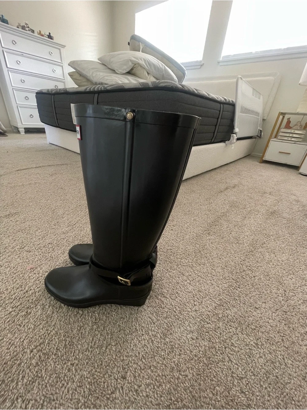 Hunter Black Gloss Tall Rain Boots with Buckle Detail